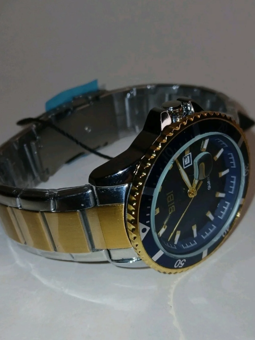 BiBi Quartz Diver Style Date Watch Blue Dial Silver Case Silver Gold Band New